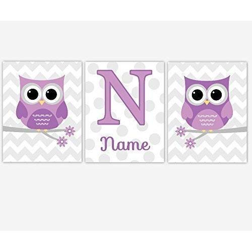  CadenRossCanvas CANVAS Baby Girl Nursery Wall Art Purple Lavender Gray Owls Birds on Flower Branch Personalized Name Polka Dots Chevron Baby Nursery Decor