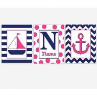CadenRossCanvas CANVAS Baby Girl Nursery Wall Art Pink Navy Blue Nautical Sailboat Anchor Boat Personalized Name Chevron Polka Dots Baby Nursery Decor