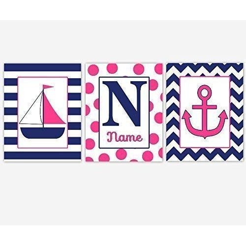  CadenRossCanvas CANVAS Baby Girl Nursery Wall Art Pink Navy Blue Nautical Sailboat Anchor Boat Personalized Name Chevron Polka Dots Baby Nursery Decor