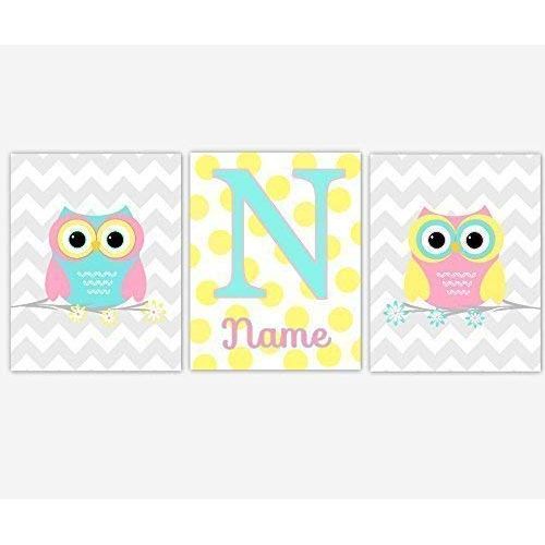  CadenRossCanvas CANVAS Baby Girl Nursery Wall Art Pink Yellow Gray Teal Aqua Owls Birds Chevron Polka Dots Personalized Baby Nursery Decor