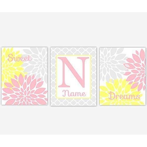  CadenRossCanvas CANVAS Baby Girl Nursery Wall Art Pink Yellow Gray Sweet Dreams Flower Burst Dahlia Mums Toddler Tween Bedroom Personalized