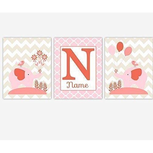  CadenRossCanvas Baby Girl Nursery Wall Art Pink Coral Tan Elephants Safari Jungle Zoo Animals Personalized Name Quatrefoil Chevron Baby Nursery Decor CANVAS