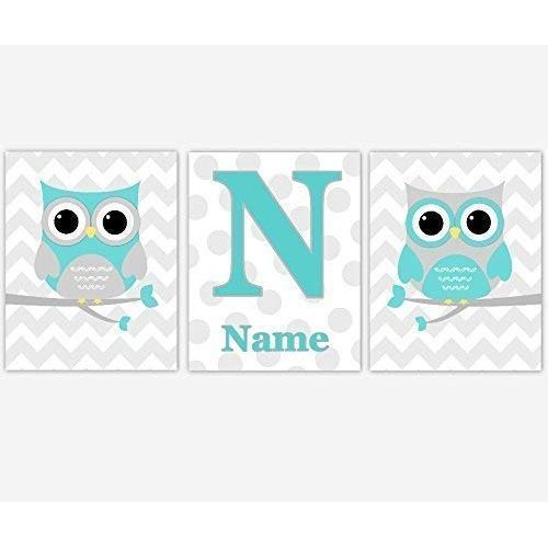  CadenRossCanvas CANVAS Baby Nursery Wall Art Teal Aqua Gray Owls Birds on Branch Personalized Name Chevron Polka Dots Baby Nursery Decor Prints