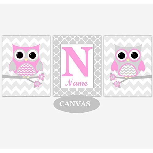  CadenRossCanvas Baby Girl Nursery Wall Art Owls Pink Gray Personalized Artwork Baby Nursery Decor CANVAS