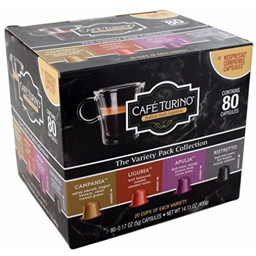  Cafe Turino Italian Style Espresso Coffee, (Variety Pack, 80 count) Nespresso Compatible Capsules