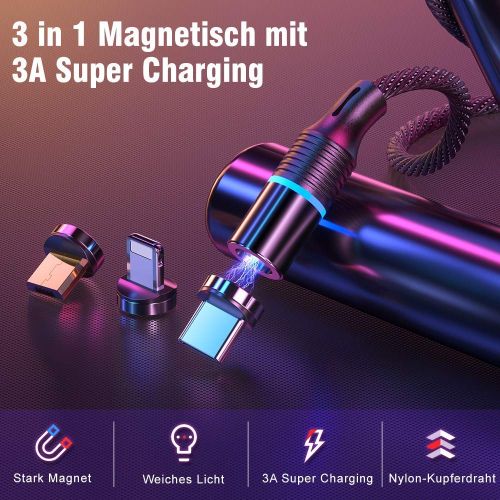  [아마존 핫딜]  [아마존핫딜]Cafele CAFELE 3 in 1 Magnetisch Kabel USB, Magnet Ladekabel 200cm mit Weichem LED Licht, Magnetic Datenkabel Nylon Kompatibilitat fuer Micro USB/Type C/Tablets/Cell Phone/Huawei/Xiaomi/Kin