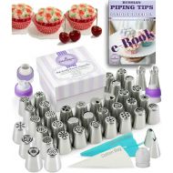 Cake&Deco Russian Piping Tips Set - 82 pcs Cake Cupcake Decorating Supplies Kit - 40 Icing Frosting Nozzles (2 Ball and 2 Leaf Tips) - 4 Couplers - 36 Baking Pastry Bags - Silicone Bag - Cot