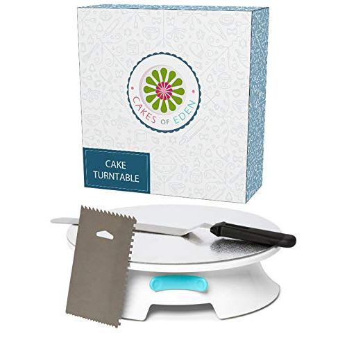  Cakes of Eden Foreversmooth Cake Turntable Stand- W/break Smoother Rotating Frosting Decorating Supplies Kit W/offset Spatula Set, Icing Bench Scraper, Cake Boards. 12 Inch White Spinner Baking