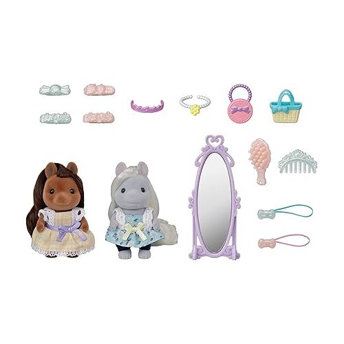  Calico Critters Bella,Giselle Pony Friends Set, Dollhouse Playset with Figures and Accessories