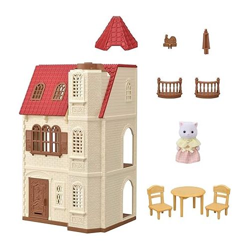  Calico Critters Red Roof Tower Home, 3 Story Dollhouse Playset with Figure, Furniture and Accessories