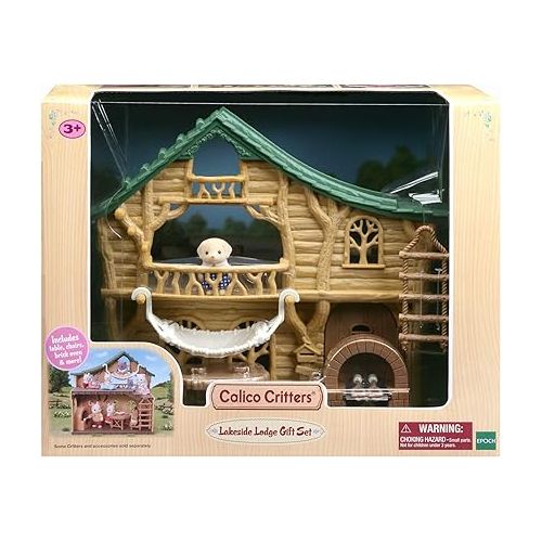  Calico Critters Lakeside Lodge Gift Set, Collectible Dollhouse with Figures, Furniture and Accessories, Pink Medium