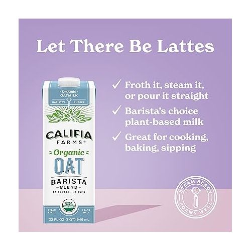  Califia Farms - Organic Oat Barista Blend, 32 oz (Pack of 6), Shelf Stable, Dairy Free, Plant Based, Vegan, Non GMO, Organic Milk, Creamer, Milk Frother, Oatmilk