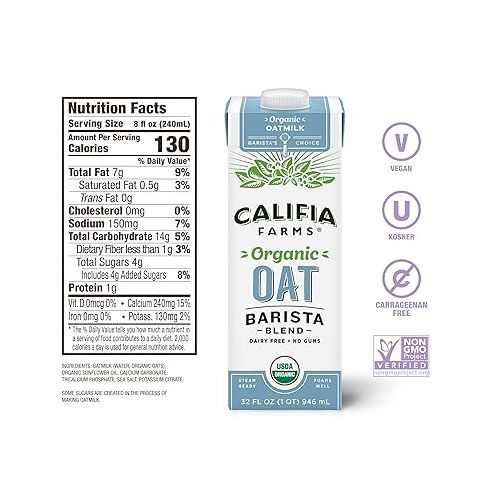  Califia Farms - Organic Oat Barista Blend, 32 oz (Pack of 6), Shelf Stable, Dairy Free, Plant Based, Vegan, Non GMO, Organic Milk, Creamer, Milk Frother, Oatmilk