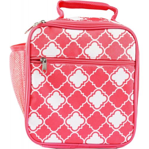  California Custom Personalized Insulated Water Resistant Lunch Bag with Exterior Zipper and Mesh Elastic Pockets (Personalized, Coral Small Quatrefoil)