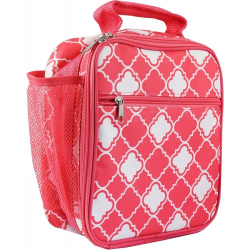  California Custom Personalized Insulated Water Resistant Lunch Bag with Exterior Zipper and Mesh Elastic Pockets (Personalized, Coral Small Quatrefoil)