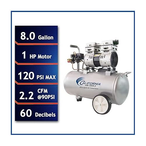  California Air Tools 8010 Steel Tank Air Compressor | Ultra Quiet, Oil-Free, 1.0 hp, 8 gal