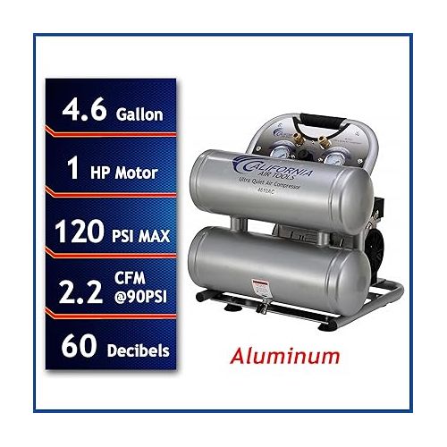  California Air Tools CAT-4610AC Ultra Quiet & Oil-Free 1.0 hp 4.6 gallon Aluminum Twin Tank Electric Portable Air Compressor, Silver