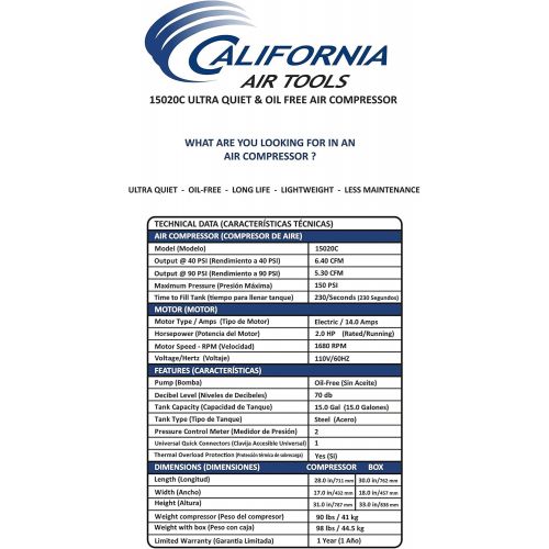  California Air Tools 15020C-22060 Ultra Quiet and Oil-Free 2.0 HP 15.0-Gallon Steel Tank Air Compressor