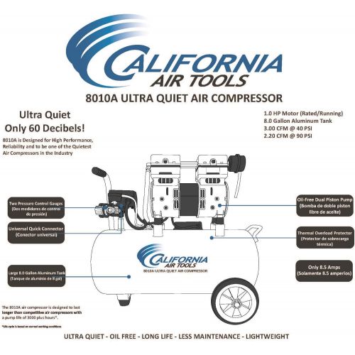  California Air Tools 8010A Aluminum Tank Air Compressor | Ultra Quiet, Oil-Free, 1.0 hp, 8 gal