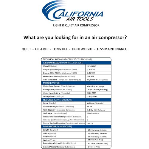  [아마존베스트]CALIFORNIA AIR TOOLS CAT-1P1060SP GAL 56DB Air Compressor
