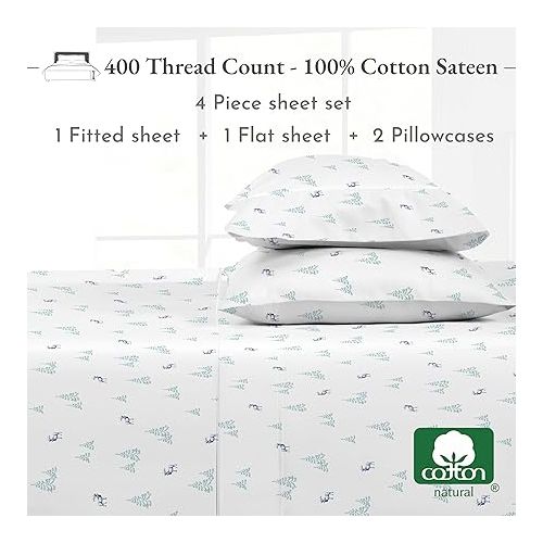  California Design Den Lodge Sheets Queen Size Printed Set, 400 Thread Count 100% Cotton Sateen 4 Pc Deep Pocket Queen Sheets & Pillowcase Set - Lodge Camp