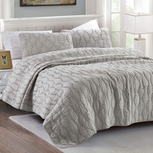  California Design Den QuiltCoverlet Set 100% Pure Cotton Ruffled Bedspread All Season Soft Lightweight Bedding, FullQueen Size, Light Grey, 3 Piece