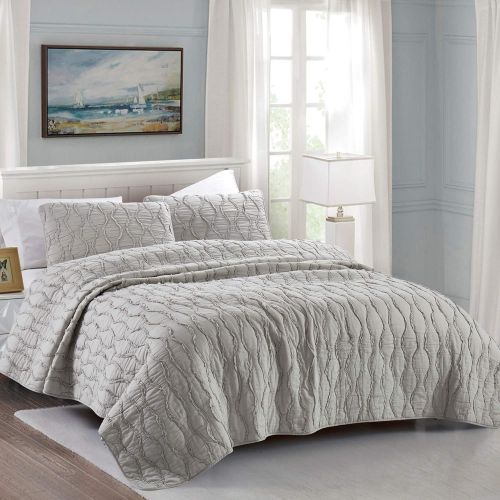  California Design Den QuiltCoverlet Set 100% Pure Cotton Ruffled Bedspread All Season Soft Lightweight Bedding, FullQueen Size, Light Grey, 3 Piece