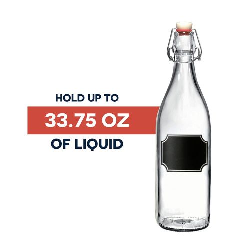  California Home Goods 6-Pack Giara Bottles, Giara Glass Bottles w/Chalkboard Labels, 33.75 oz. Glass Bottles for Beverages, Oils & More, Elegant Swing Top Reusable Glass Water Bottles w/Topper