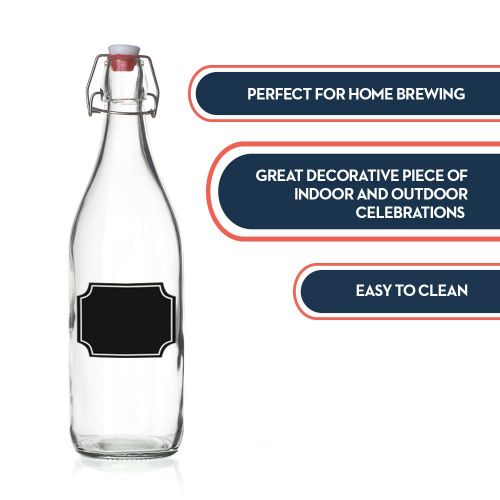  California Home Goods 6-Pack Giara Bottles, Giara Glass Bottles w/Chalkboard Labels, 33.75 oz. Glass Bottles for Beverages, Oils & More, Elegant Swing Top Reusable Glass Water Bottles w/Topper