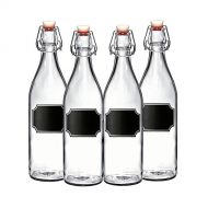California Home Goods 4-Pack Giara Bottles with Chalkboard Labels, Giara Glass Bottles for Vinegar, Oils, Beverage & More, 33.75 oz Glass Bottles, Swing Top Glass Bottles, Glass Kombucha Bottles, Swing