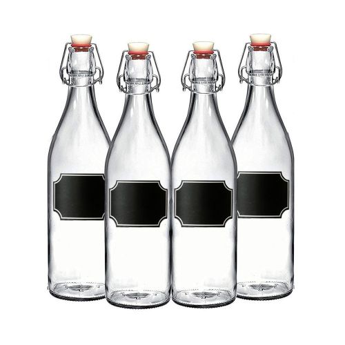  California Home Goods 4-Pack Giara Bottles with Chalkboard Labels, Giara Glass Bottles for Vinegar, Oils, Beverage & More, 33.75 oz Glass Bottles, Swing Top Glass Bottles, Glass Kombucha Bottles, Swing