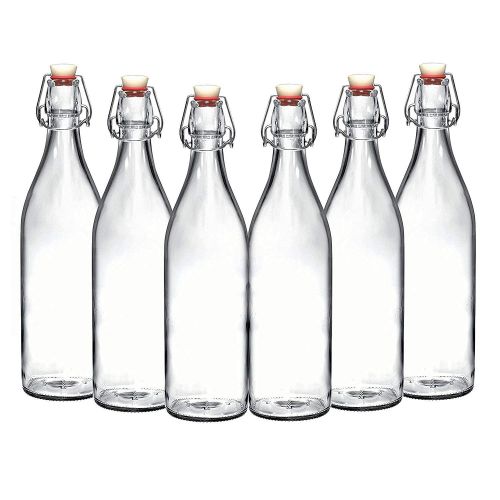  California Home Goods Set of 6-33.75 Oz Giara Glass Bottle with Stopper Caps, Carafe Swing Top Bottles with Airtight Lids for Oil, Vinegar, Beverages, Liquor, Beer, Water, Kombucha, Kefir, Soda, By Cali