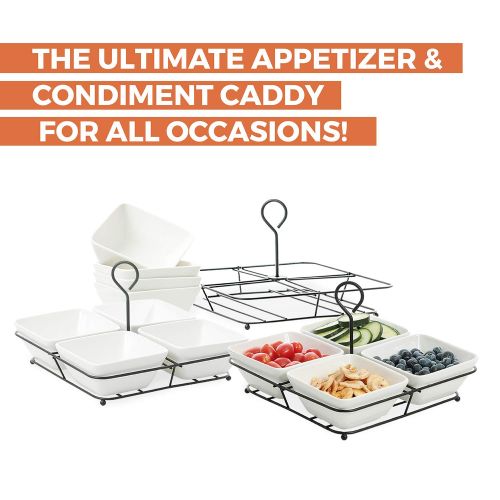  [아마존 핫딜]  [아마존핫딜]California Home Goods 4 Piece Condiment Server Set, Tabletop Serving Trays for Parties, Serving Bowls for Parties with Rack Holder, Ceramic Dip Bowls for Snacks, Relish Tray for Entertaining