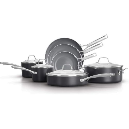  Calphalon 11-Piece Pots and Pans Set, Oil-Infused Ceramic Cookware with Stay-Cool Handles, PTFE- and PFOA-Free, Dark Grey