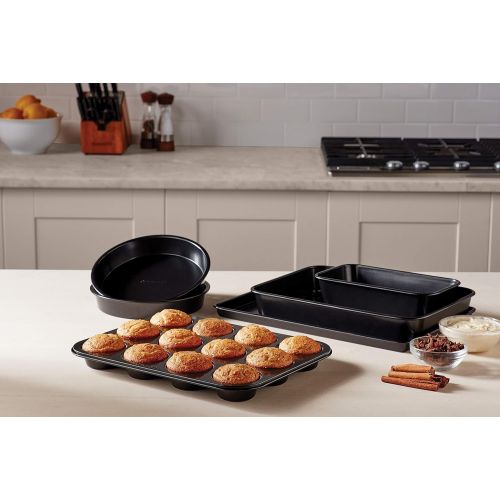 Calphalon Nonstick Bakeware Set, 6-Piece Set Includes Baking Sheet, Cake, Muffin, and Loaf Pans, Dishwasher Safe, Black