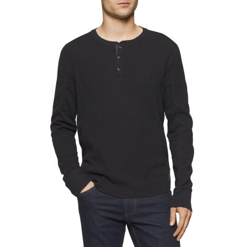 캘빈 클라인 Calvin+Klein Calvin Klein Jeans Mens Mixed Media Slub Waffle Henley Long Sleeve Shirt