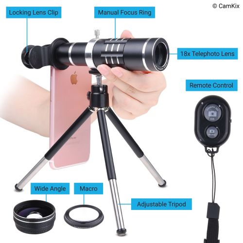  CamKix Universal 3in1 Lens Kit with Bluetooth Remote Control Camera Shutter + 18x Telephoto + Macro + Wide Angle Lenses - Awesome Mobile Photography for Apple iPhone, Samsung Galaxy, etc.