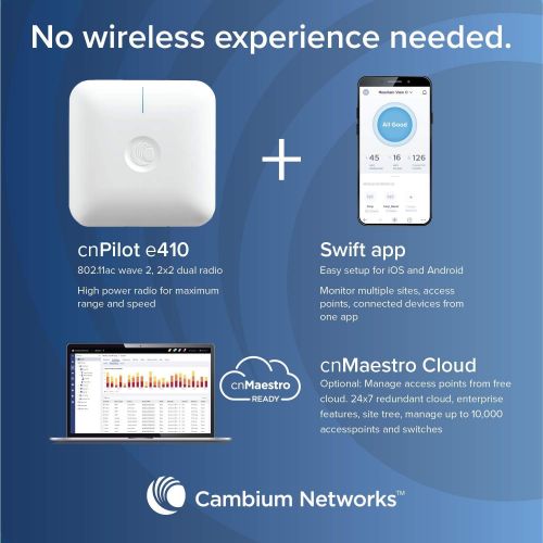  Cambium Networks cnPilot E410 Indoor Wireless Access Point, High-Powered, Long Range Wi-Fi - HomeBusiness - Cloud Managed - Dual Band - 2x2 MIMO - PoE - Mesh Capable (FCC) 802.11a