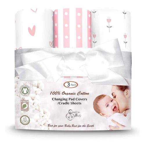  [아마존베스트]Cambria Baby 3 Pack GOTS Certified Organic Cotton Changing Pad Covers or Cradle Sheet for Girl, with Safety Strap Holes