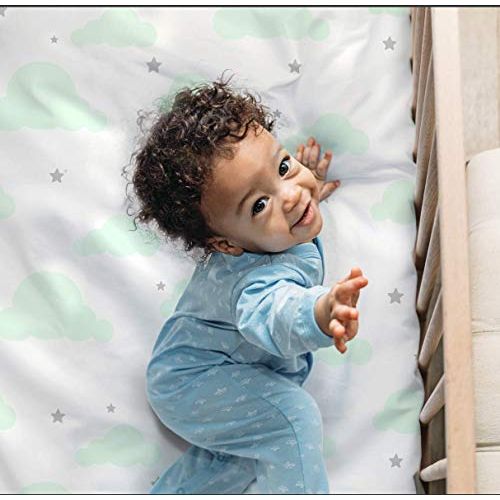  [아마존베스트]Cambria Baby 2 Pack 100% Organic Cotton Fitted Sheets for Pack n Play and Other Portable/Mini Cribs, Mint/Gray, Unisex for Boy or Girl, 2 Pack, Playard and Mattress