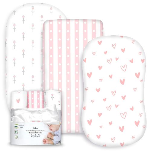  [아마존베스트]Cambria Baby 3 Pack Organic Cotton Fitted Bassinet Sheets for Girl, Tiny Tulips, Hearts and Stripes