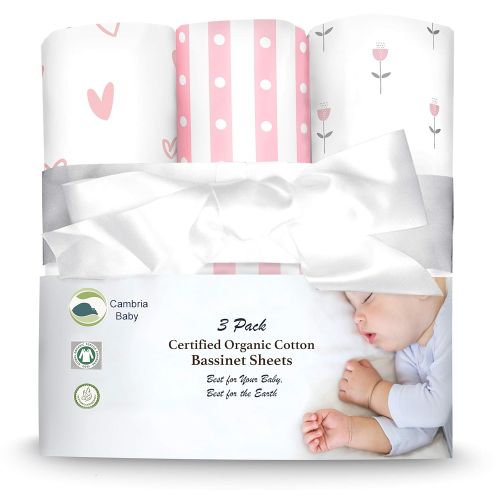  [아마존베스트]Cambria Baby 3 Pack Organic Cotton Fitted Bassinet Sheets for Girl, Tiny Tulips, Hearts and Stripes