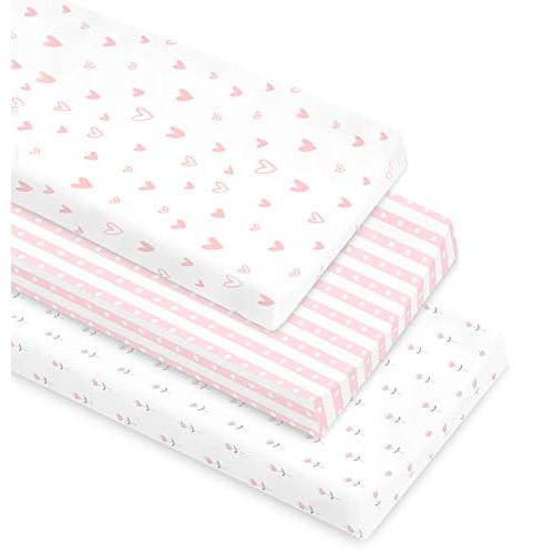  Cambria Baby 100% Organic Cotton Changing Pad Covers or Cradle Sheets with Reinforced Safety Strap Holes. Soft, Pre-Shrunk and Machine Washable. in a Pink/White Patterns for Girls.