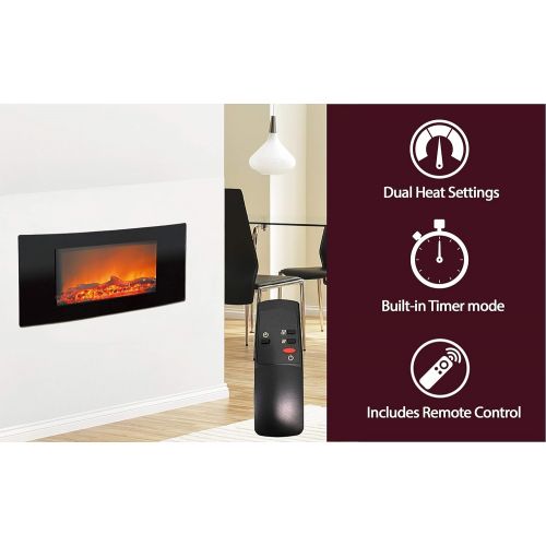  CAMBRIDGE 35-in. Callisto Curved Wall Mount Crystal Display, Timer, and Remote, Black, CAMBR35WMEF-2BLK Electric Fireplace