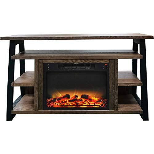  Cambridge 53x15x32 Sawyer Industrial Electric Fireplace Mantel TV Stand Console with Shelves, Remote Control, and Log & Grate Flame Insert with Color Changing LED Lights, Walnut -