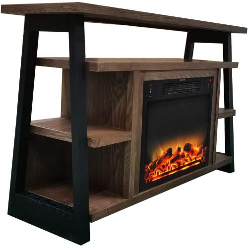  Cambridge 53x15x32 Sawyer Industrial Electric Fireplace Mantel TV Stand Console with Shelves, Remote Control, and Log & Grate Flame Insert with Color Changing LED Lights, Walnut -