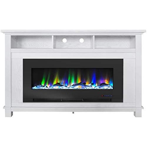  CAMBRIDGE San Jose 58 in. Freestanding Electric Heater TV Stand 50in. Insert and Multi-Color LED Driftwood Log Display, CAM5735-2WHT Fireplace, White/Black