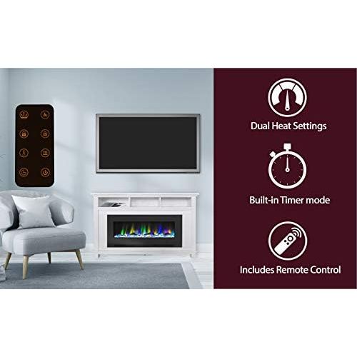  CAMBRIDGE San Jose 58 in. Freestanding Electric Heater TV Stand 50in. Insert and Multi-Color LED Driftwood Log Display, CAM5735-2WHT Fireplace, White/Black