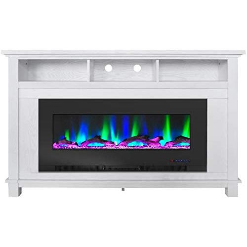  CAMBRIDGE San Jose 58 in. Freestanding Electric Heater TV Stand 50in. Insert and Multi-Color LED Driftwood Log Display, CAM5735-2WHT Fireplace, White/Black