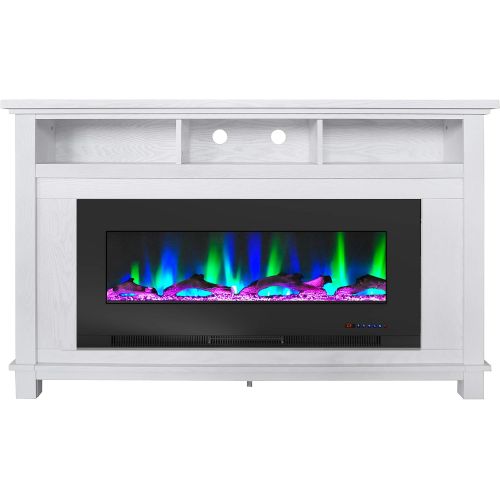  CAMBRIDGE San Jose 58 in. Freestanding Electric Heater TV Stand 50in. Insert and Multi-Color LED Driftwood Log Display, CAM5735-2WHT Fireplace, White/Black